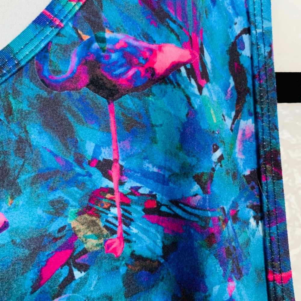 CVG Blue Flamingo Print Dress Womens M/L Ruched Sides Athletic Beachy Resort - Picture 4 of 13